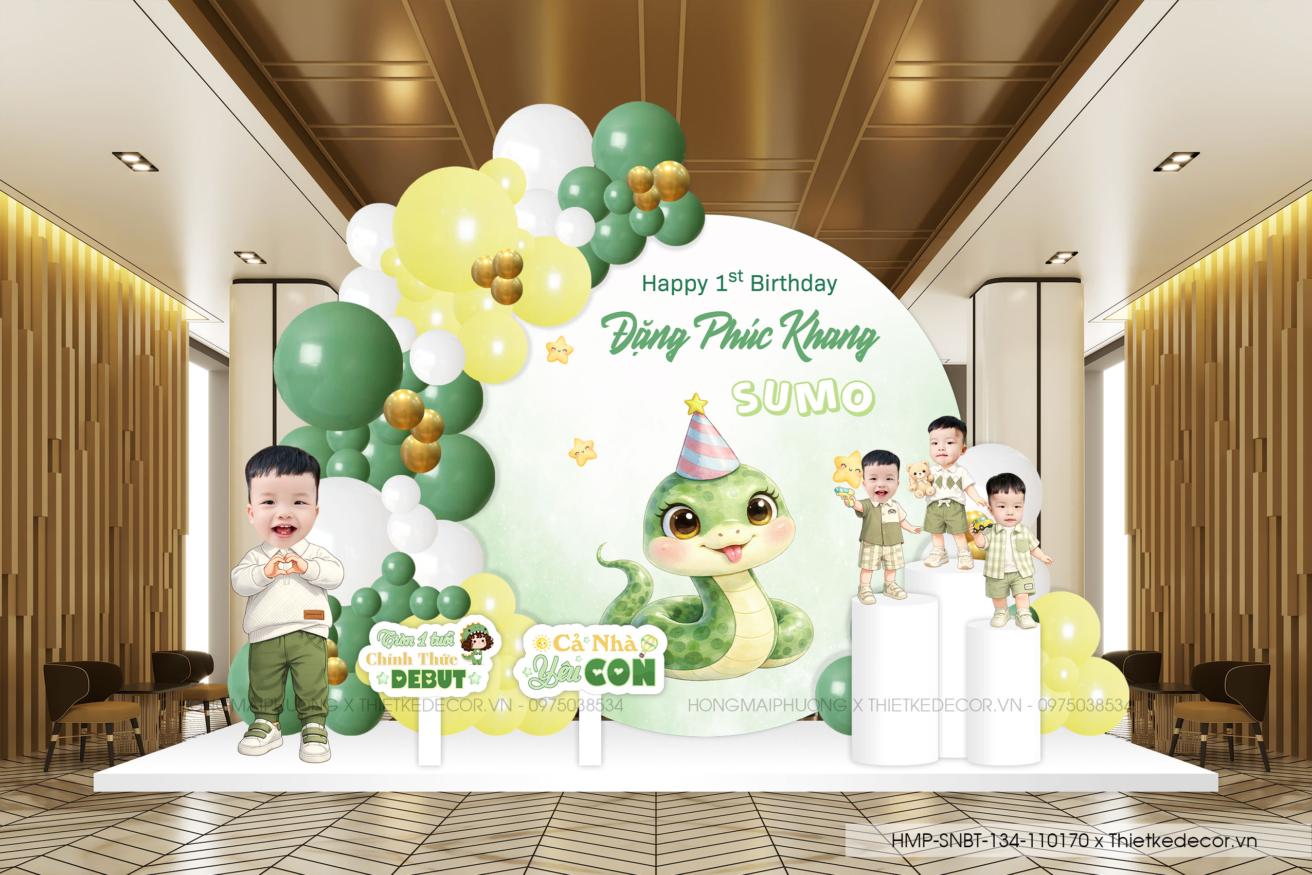 File thiết kế decor trang trí tiệc sinh nhật bé trai  tuổi Rắn - Tỵ mix bong bóng cute dễ thương đáng yêu tone xanh lá